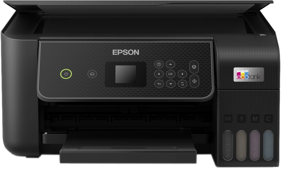 An Epson printer, black, with a control panel and ink tanks.