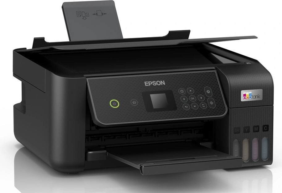 Black Epson printer, open. Has buttons, display, and ink tanks on the side.