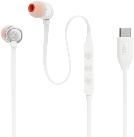 Weiße Ohrhörer mit orangefarbenen Ohrstöpseln und ein weißes Kabel mit Controller und USB-C-Anschluss.