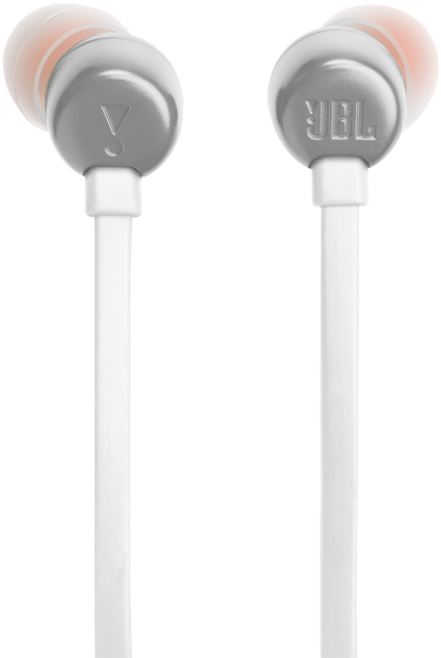 Weiße Ohrhörer mit grauen Ohrhörergehäusen und weißen Kabeln. Das JBL-Logo befindet sich auf dem rechten Ohrhörer.