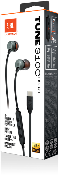 JBL Tune 310C USB-C Kopfhörerbox. Schwarze und graue Ohrhörer mit schwarzem Kabel.
