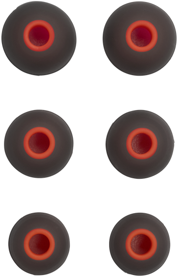Sechs Ohrstöpsel, dunkelgrau mit roter Mitte. Schwarzer Hintergrund.