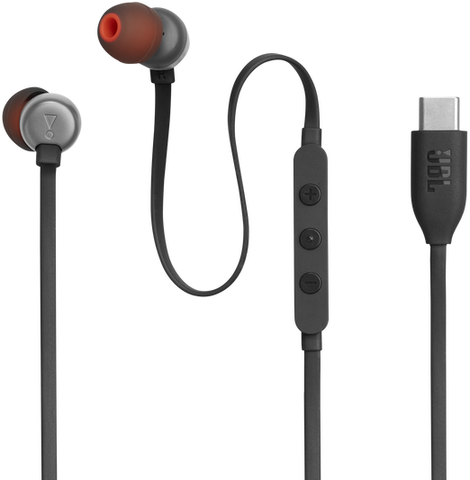 Schwarze und graue JBL-Ohrhörer mit orangefarbenen Spitzen und einem USB-C-Anschluss. Die Ohrhörer haben eine Steuerung.