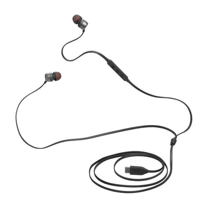 Schwarze In-Ear-Kopfhörer mit roten Spitzen und einem Steuermodul, mit USB-C-Anschluss.