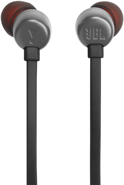 Schwarze JBL-Kopfhörer mit roten Spitzen, Nahaufnahme auf dunklem Hintergrund. Einfach und sauber.