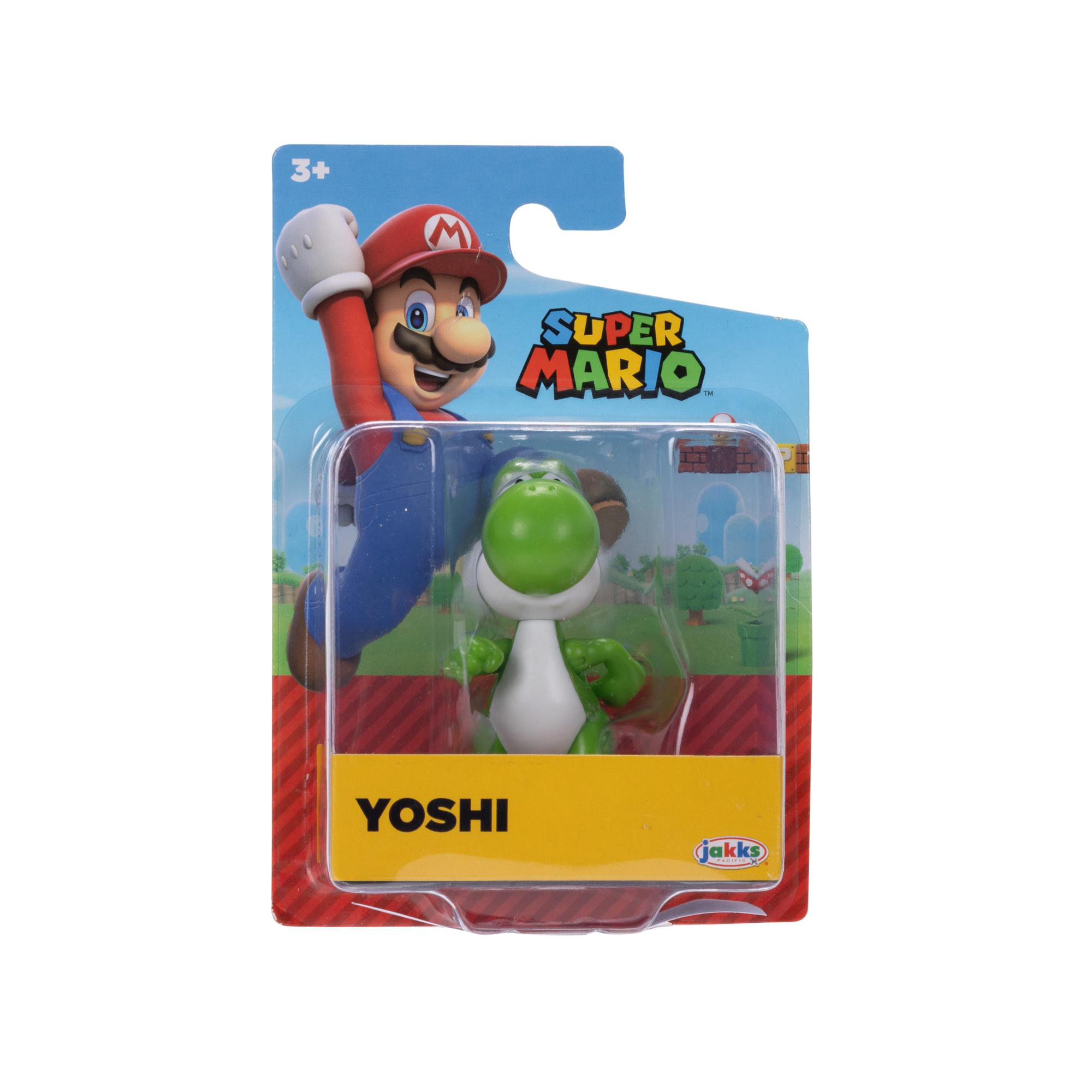 Yoshi-Figur in einer Super Mario-Verpackung. Die Verpackung hat Mario darauf.