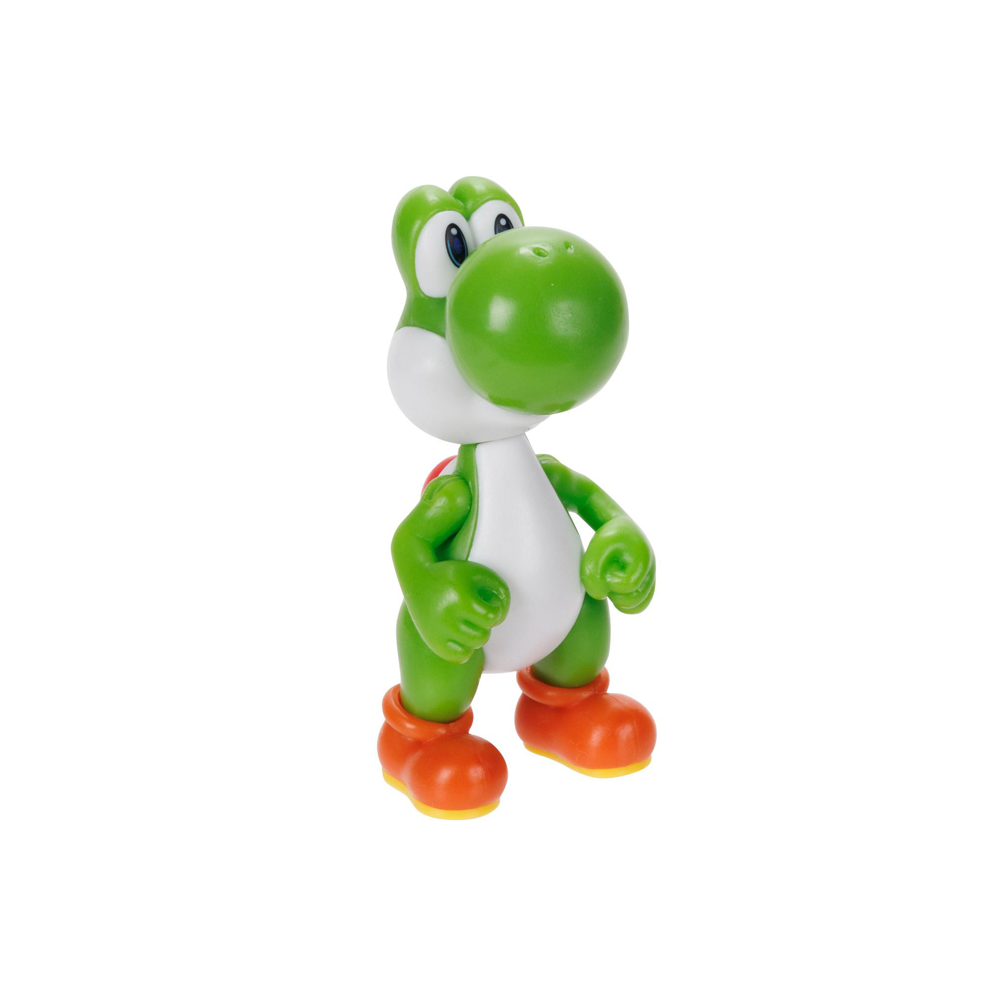 Yoshi-Figur. Grüner Körper, weißer Bauch, orangefarbene Schuhe und eine große grüne Schnauze.