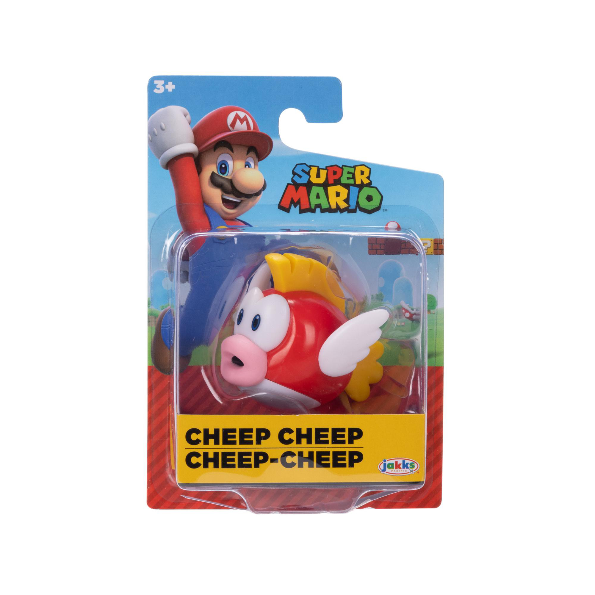 Cheep Cheep Spielzeug in einer Verpackung mit Mario, einem 3+-Zeichen und Super Mario Logo.