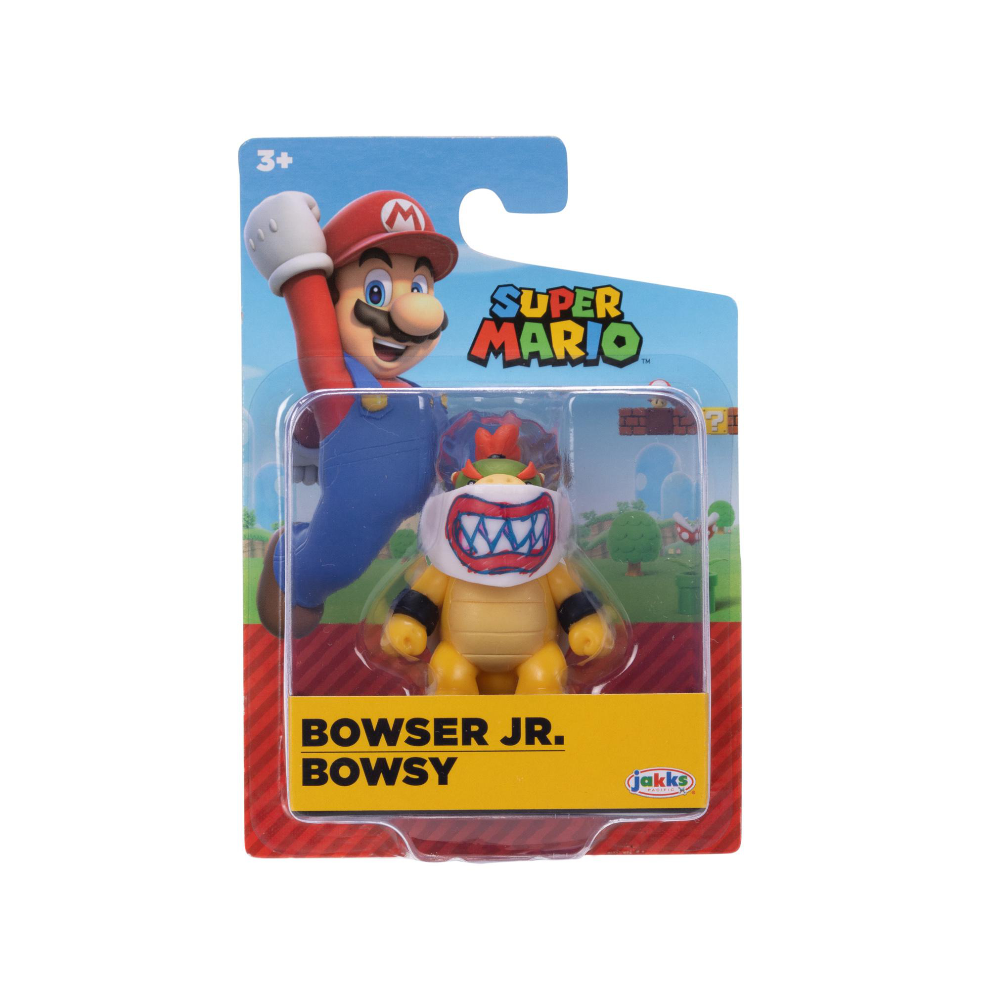 Bowser Jr. Actionfigur in Blisterverpackung. Mario ist im Hintergrund.