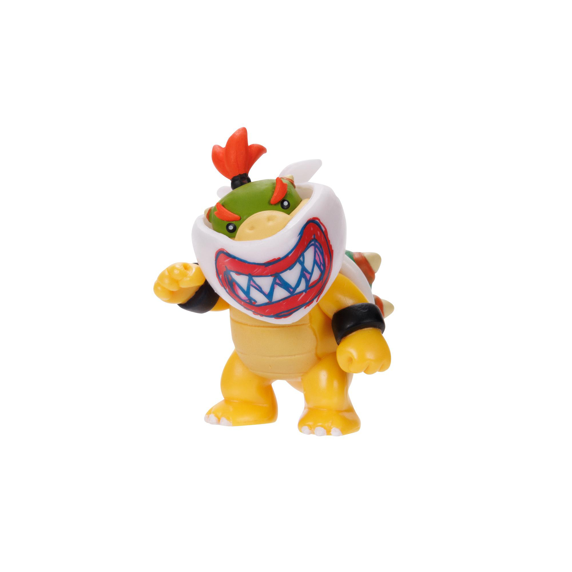 Eine Bowser Jr.-Figur mit grünem Panzer, weißem Lätzchen und einem großen, lächelnden Mund.