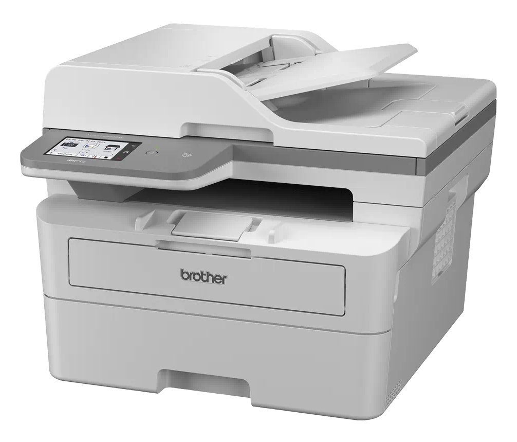 Biało-szara drukarka Brother z otwartą górą i szufladą na papier.