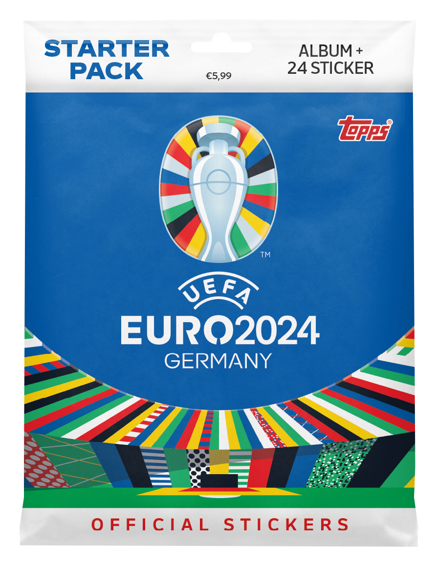 Starter-Pack für UEFA Euro 2024 Sticker, mit Stickerpack und Album.