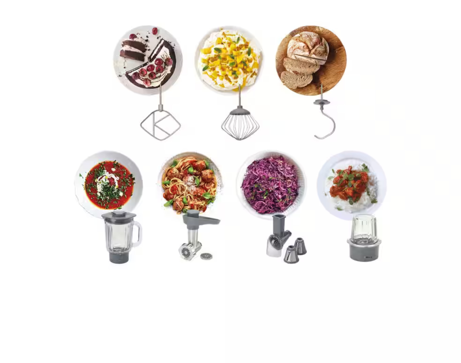 Żywność i akcesoria do urządzeń kuchennych, w tym blender, robot kuchenny i mikser.