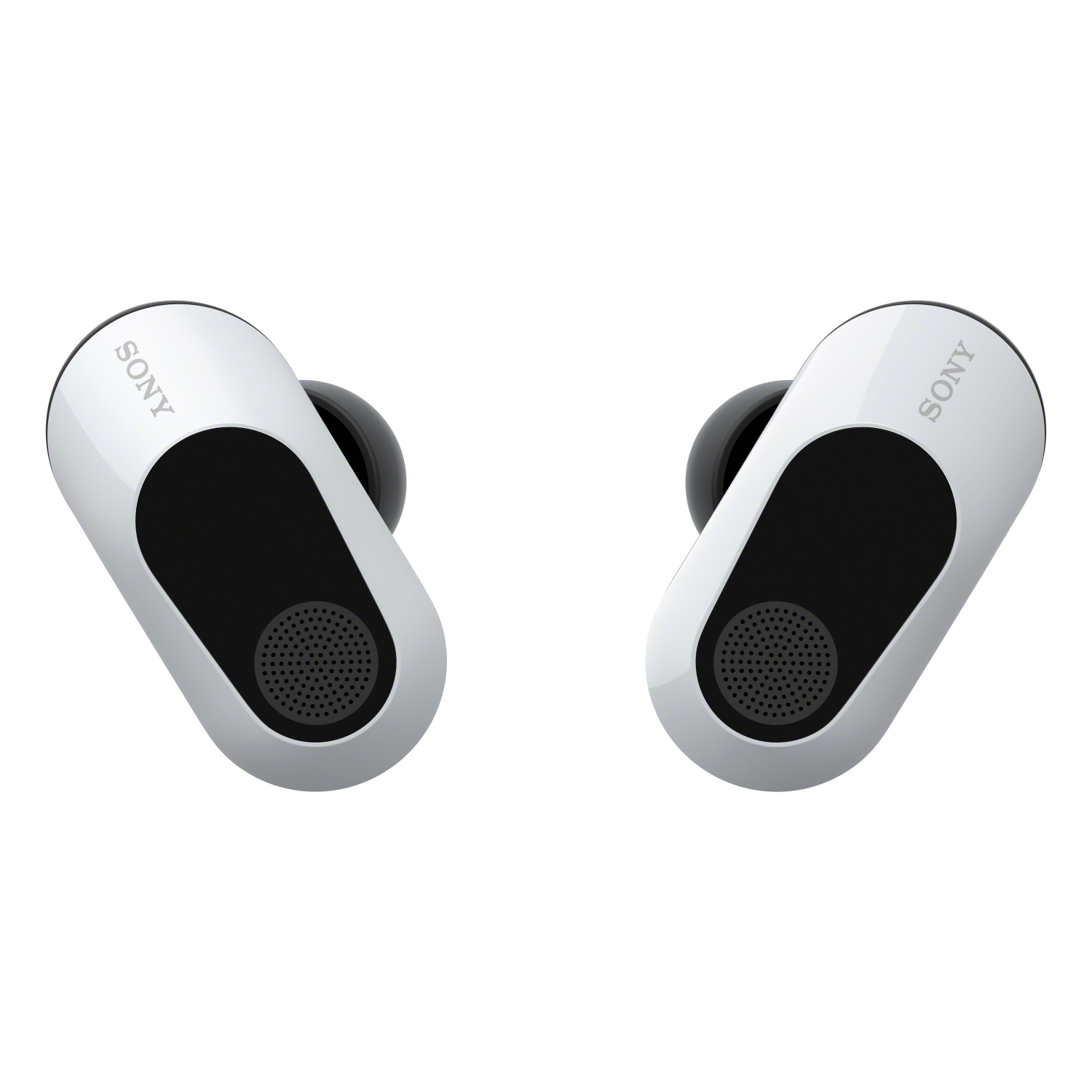 Twee witte en zwarte oordopjes met het Sony-logo.
