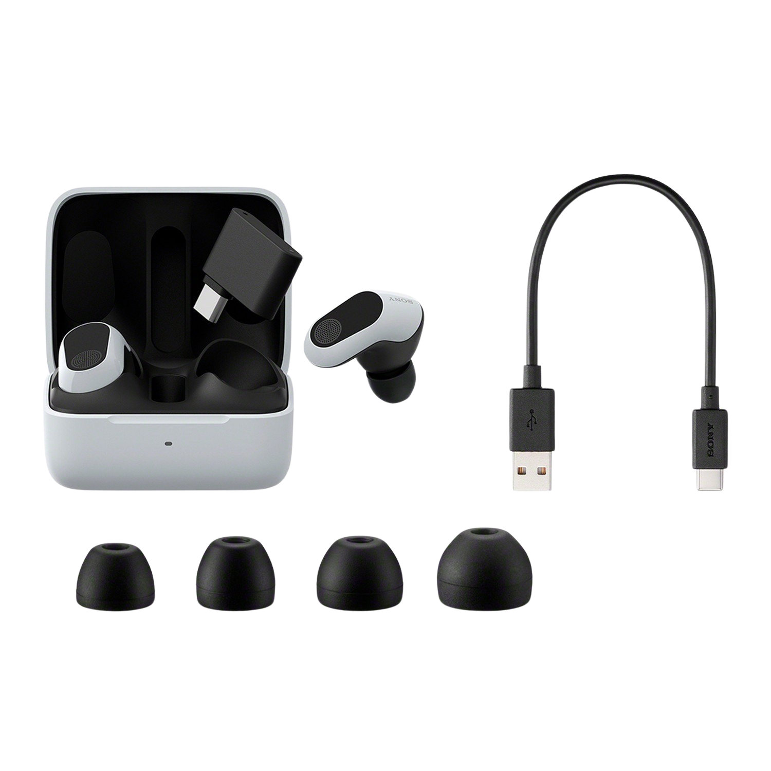 Witte en zwarte oordopjes met oplaadcase, USB-C-kabel en oortips. Alles op een zwarte achtergrond.