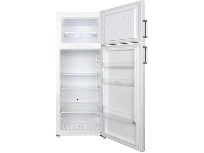 Ein weißer Kühlschrank mit offener Tür, Regale und Fächer zeigend.