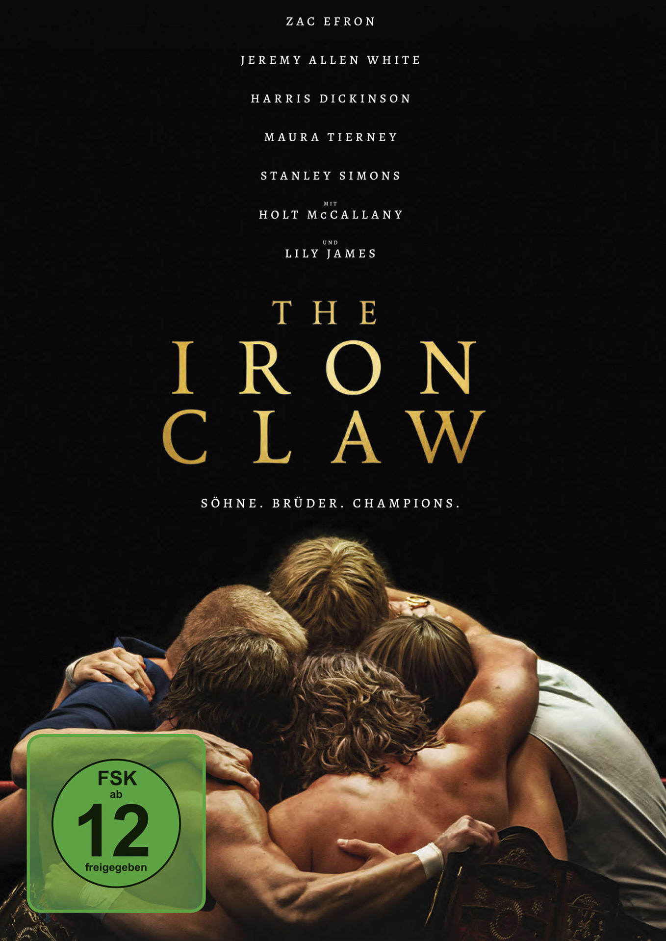 Filmplakat 'The Iron Claw', Wrestler in Nahaufnahme, mit Text.
