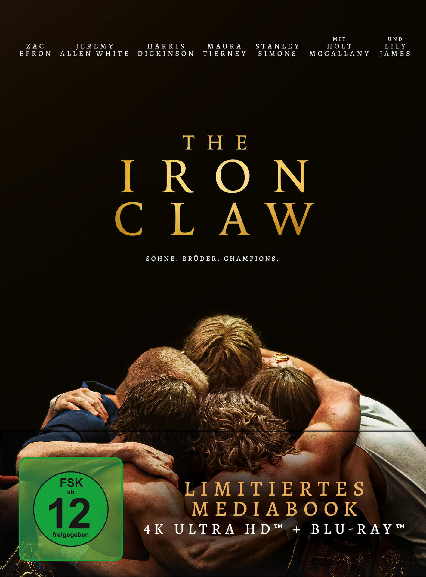 Filmposter für 'The Iron Claw', mit vier umarmenden Männern, goldener Text auf schwarzem Hintergrund.