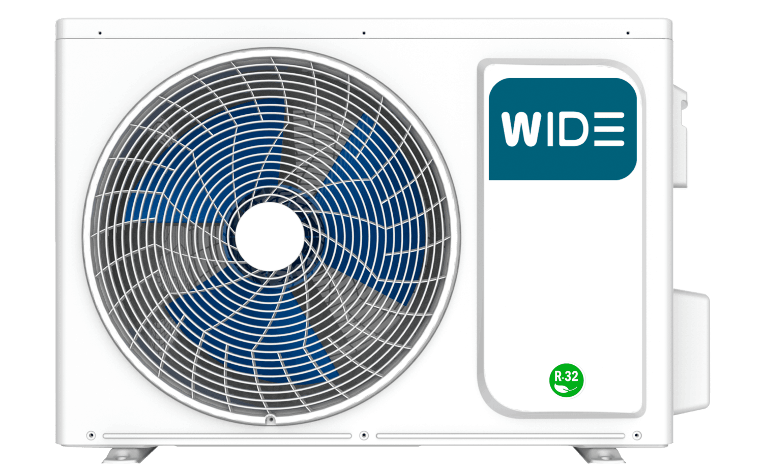 Una unidad de aire acondicionado exterior blanca con un ventilador azul.
