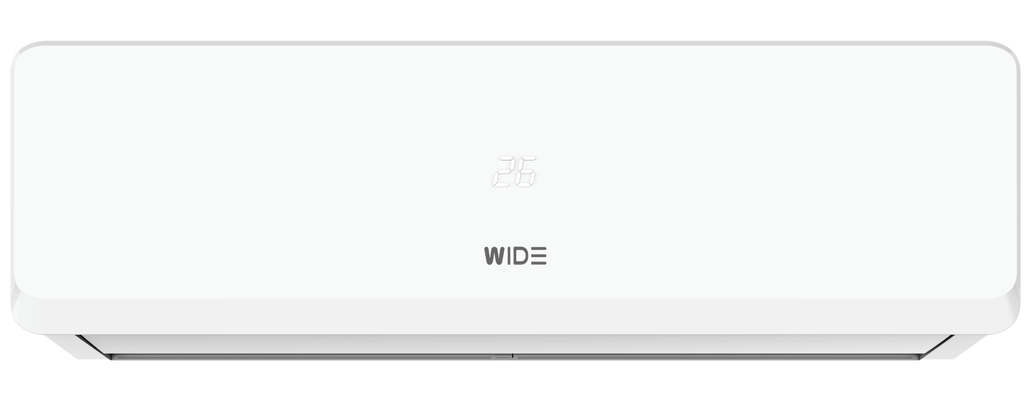 Un acondicionador de aire blanco montado en la pared con la marca WIDE y una pantalla digital que muestra 26.