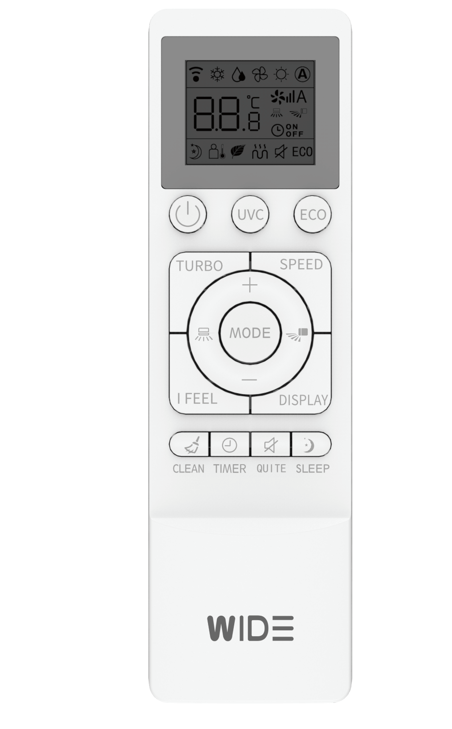 Control remoto blanco de aire acondicionado con varios botones y una pantalla digital. La marca es WIDE.