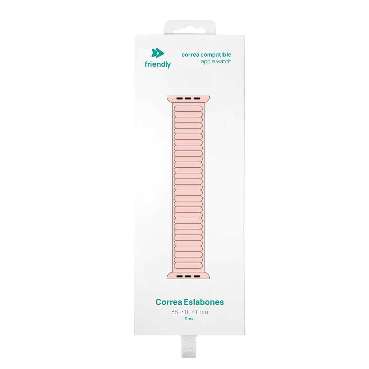 Correa rosa para Apple Watch en caja blanca. Texto: 'Correa Eslabones', '38-40-41 mm' y 'Rosa'.