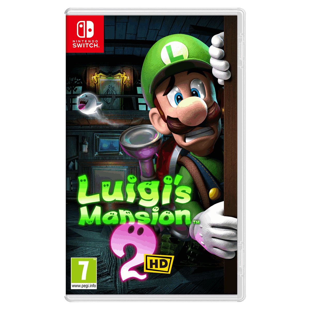 Funda de juego de Nintendo Switch para Luigi's Mansion 2. Luigi en la portada. Fantasmas y una mansión en el fondo.