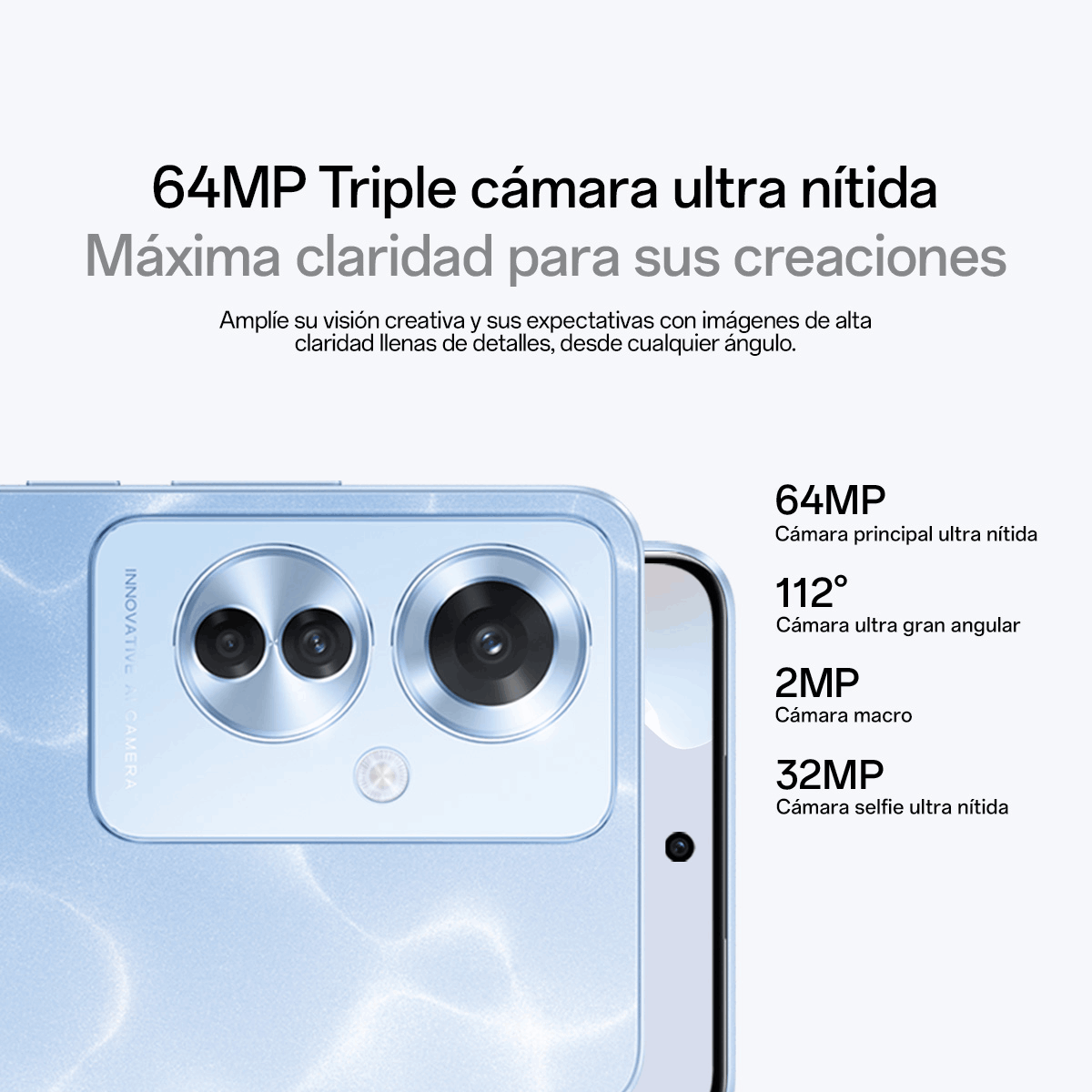 Primer plano de un teléfono azul claro con un sistema de triple cámara. El texto muestra las especificaciones.