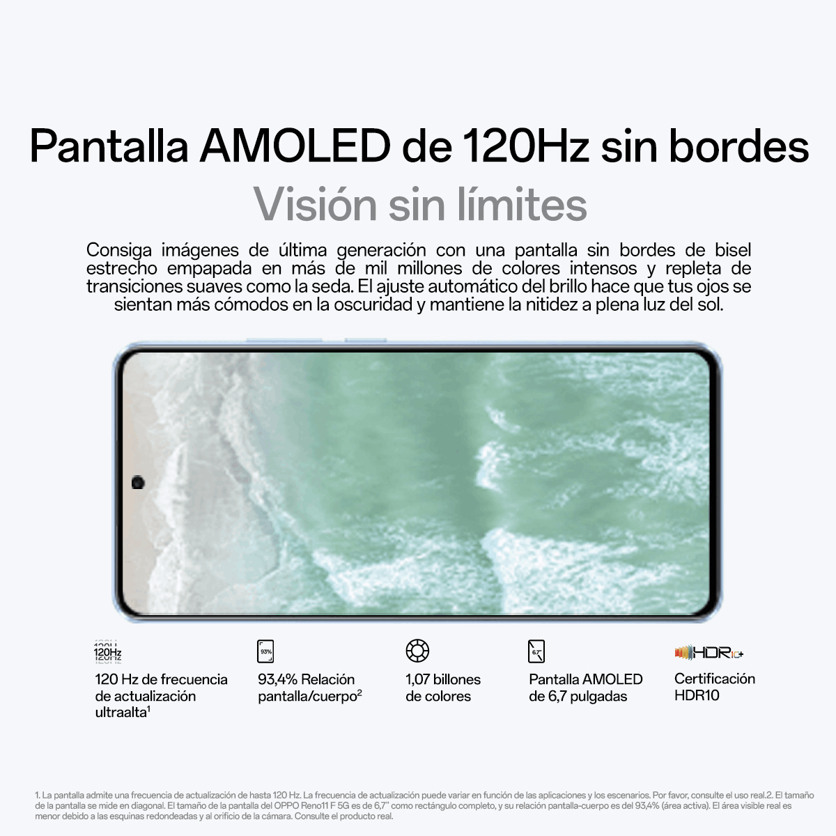 Pantalla de smartphone con texto: 120Hz, 93,4% pantalla-cuerpo. Fondo blanco.