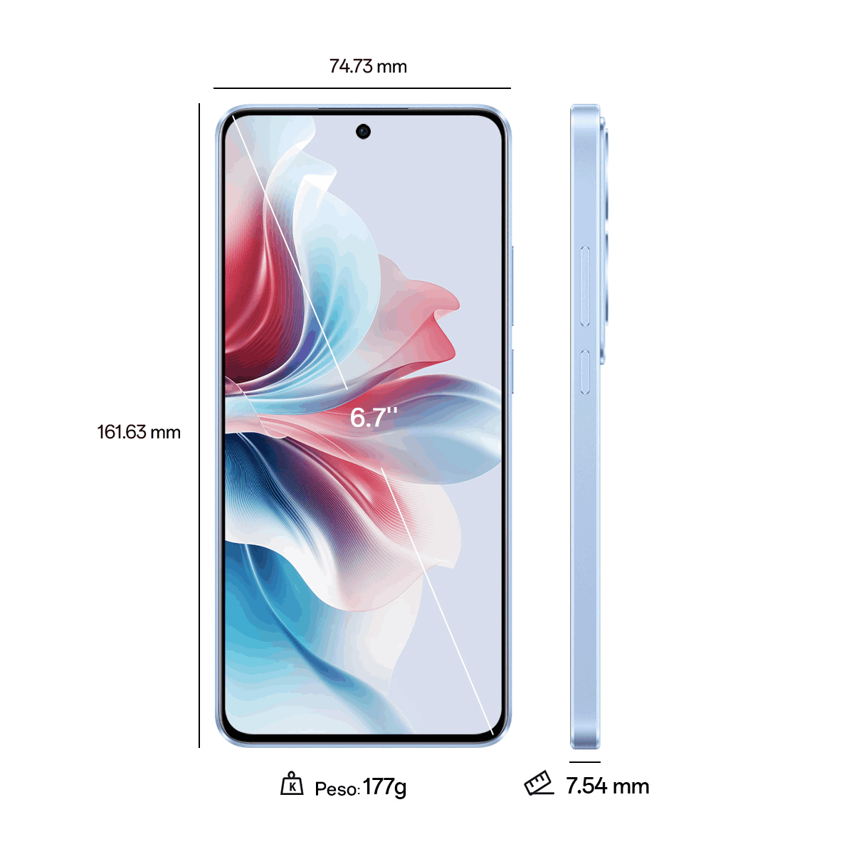 Smartphone azul sobre fondo blanco. La pantalla muestra texto de 6.7" y dimensiones.