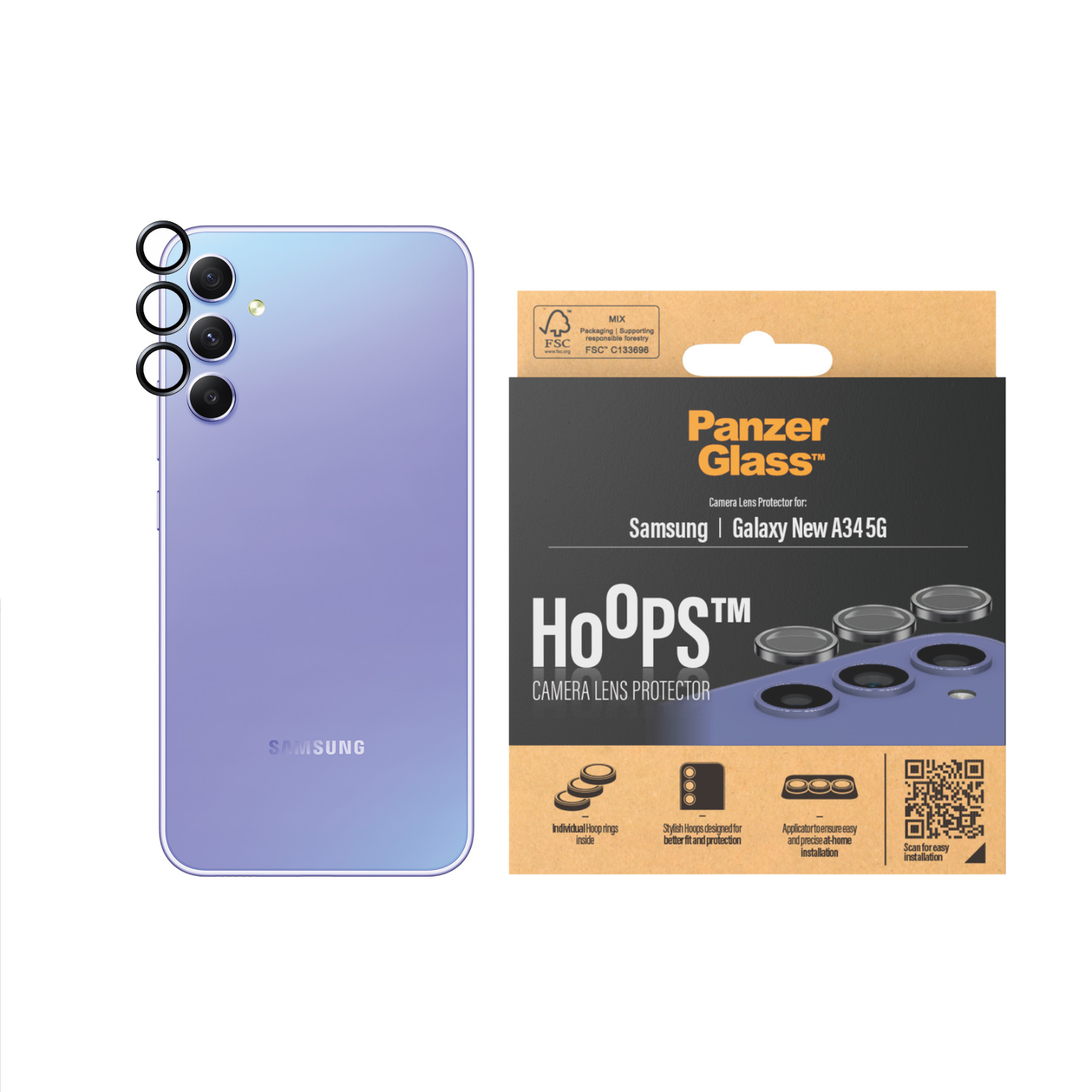 Een paarse Samsung-telefoon en een PanzerGlass cameralensbeschermer verpakking worden getoond tegen een witte achtergrond.
