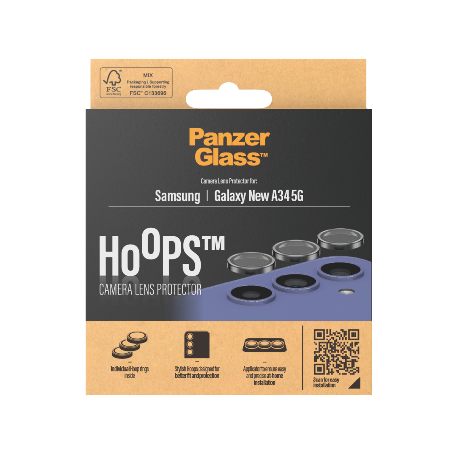 Doos met een cameralensbeschermer voor Samsung Galaxy A34 5G. Hoops-logo.