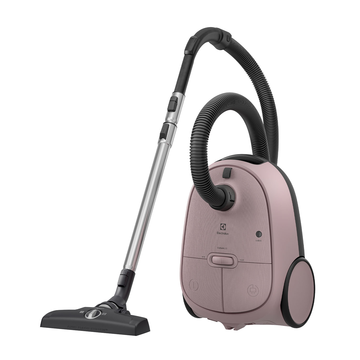 Un aspirapolvere Electrolux rosa con un lungo tubo argentato e tubo e manico neri.