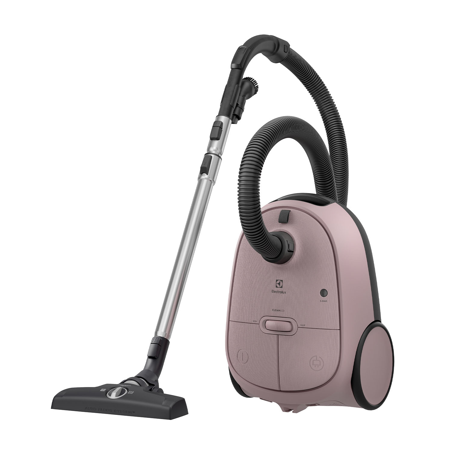 Aspirapolvere Electrolux rosa. L'aspirapolvere ha un tubo flessibile, una bacchetta e un corpo rosa.