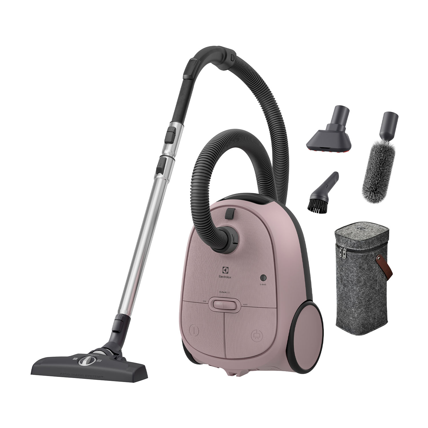 Aspirapolvere Electrolux rosa con accessori. Sono visibili una borsa e vari accessori a spazzola.