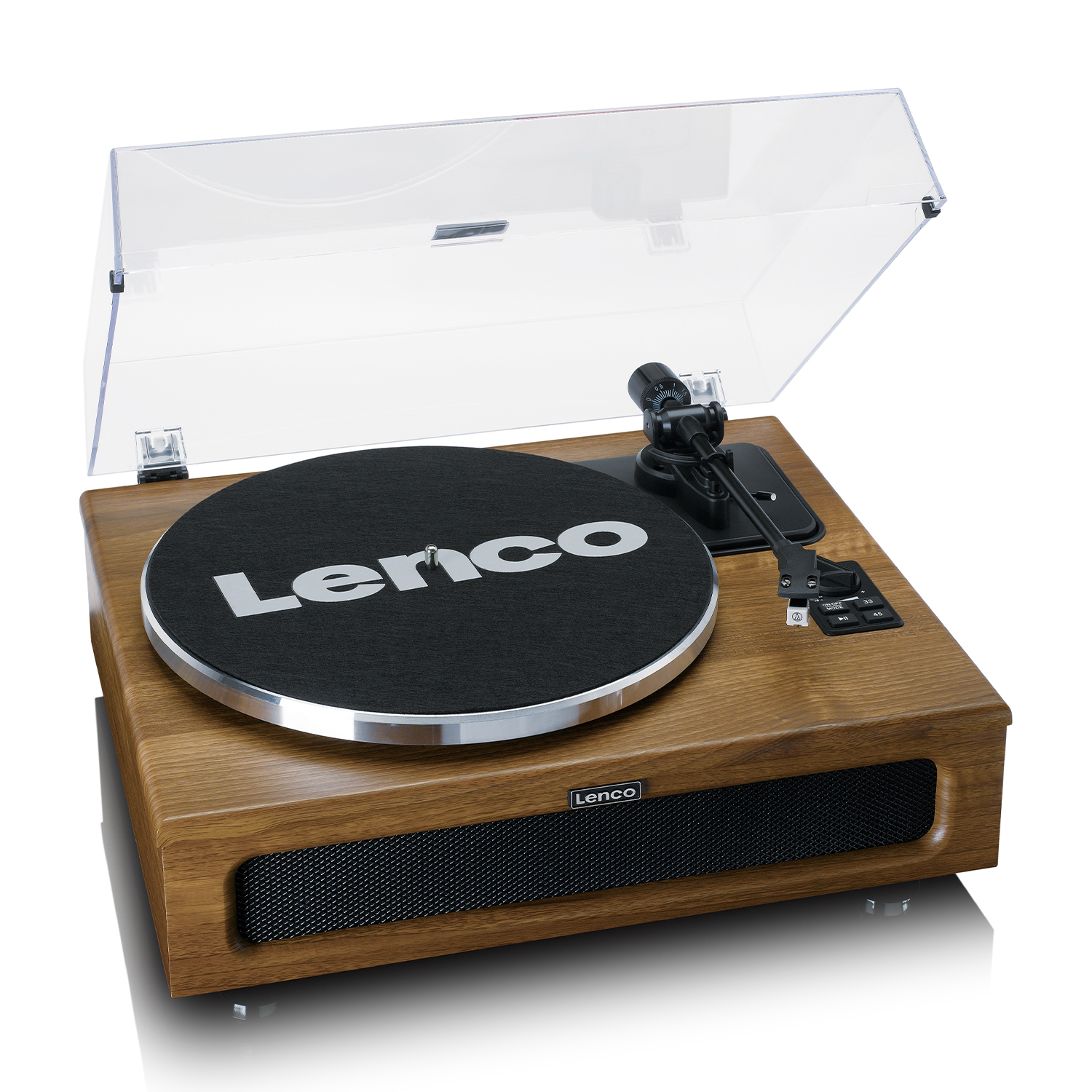 Un giradischi Lenco con finitura in legno, coperchio trasparente e disco nero.