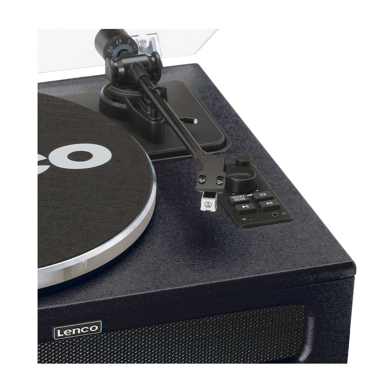 Un giradischi nero con un disco e comandi.