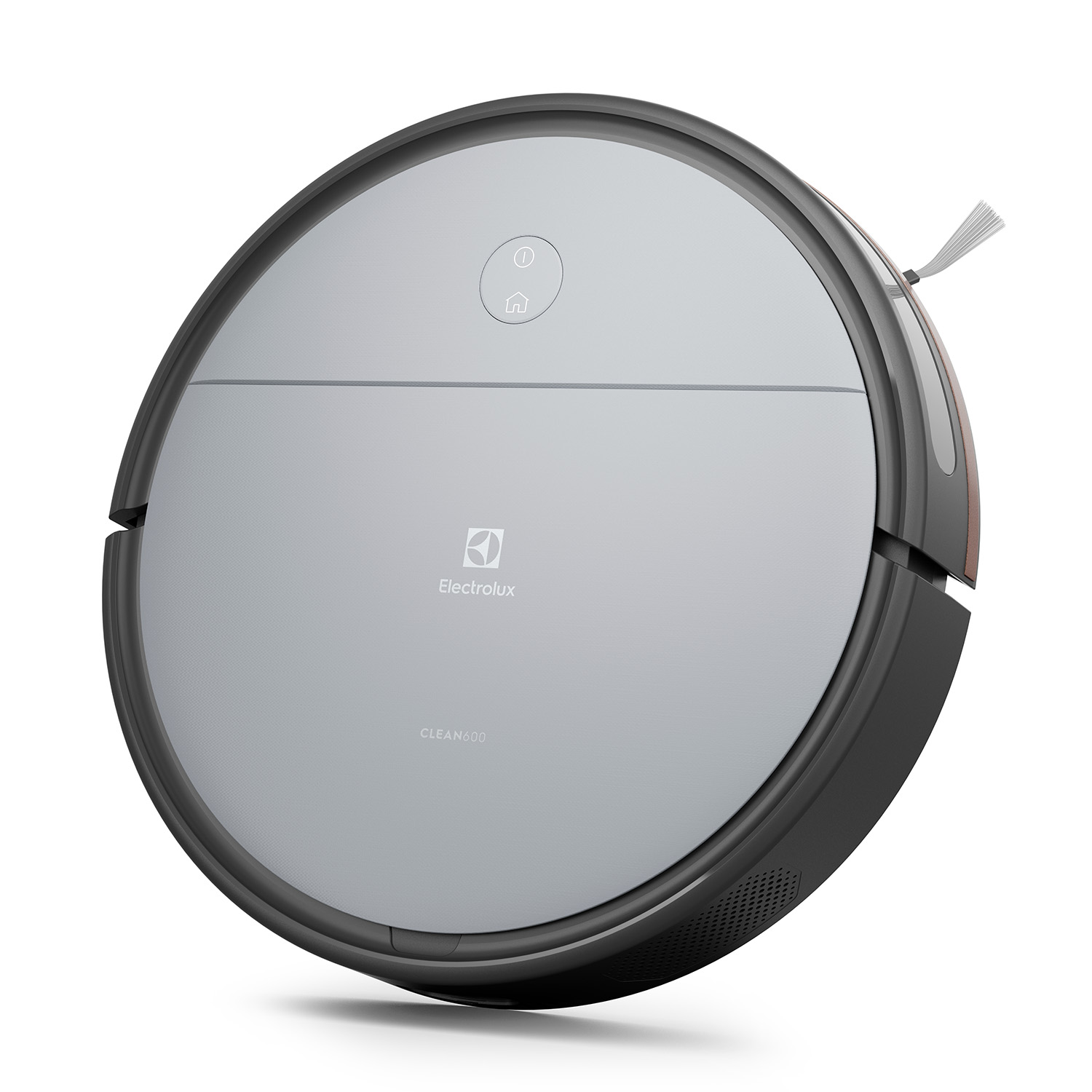 Un aspirapolvere robot rotondo e grigio Electrolux Clean600.