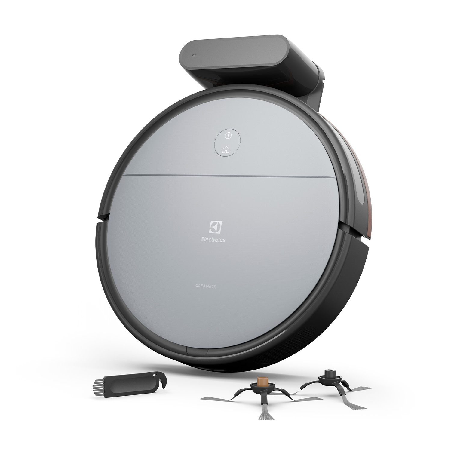 Un aspirapolvere robot grigio Electrolux con i suoi accessori su una superficie bianca.
