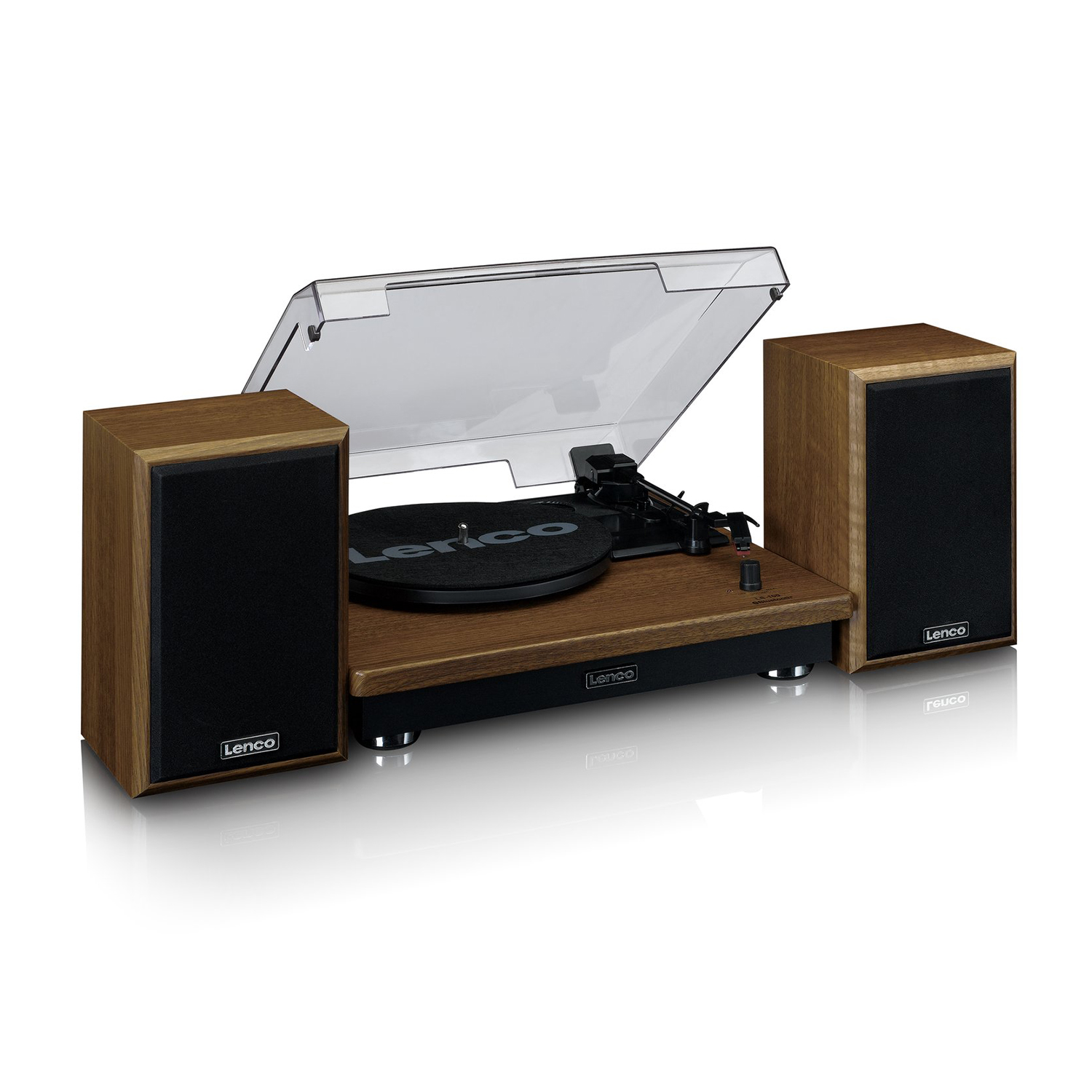 Configurazione giradischi con altoparlanti. Design in legno, lettore con coperchio sollevato.