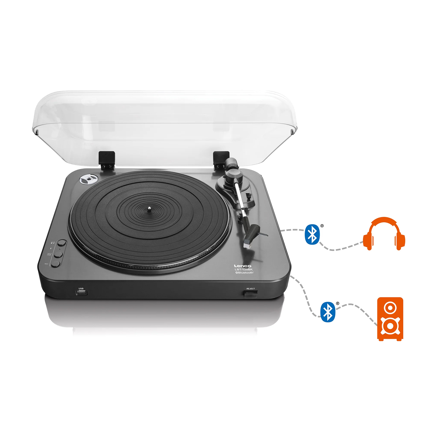 Giradischi con coperchio trasparente, icone di cuffie e altoparlanti con Bluetooth.