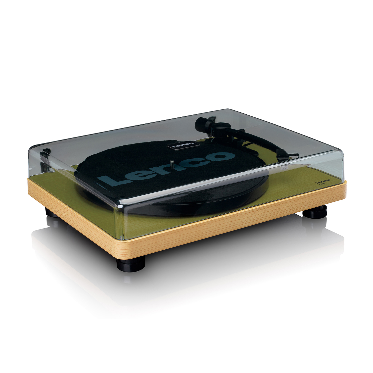 Giradischi con coperchio trasparente, disco nero e base in legno.