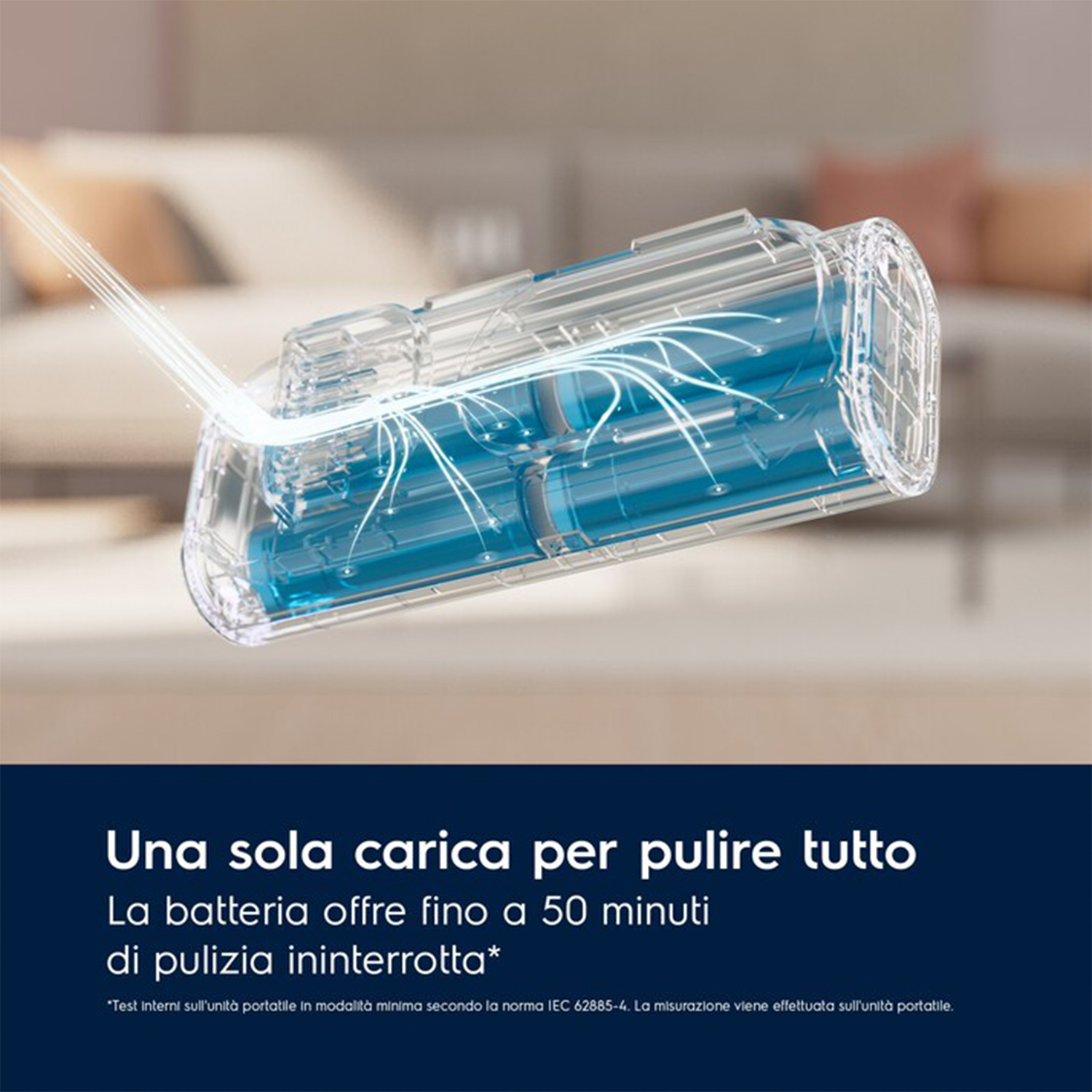 Componente trasparente per aspirapolvere con batterie blu e testo.