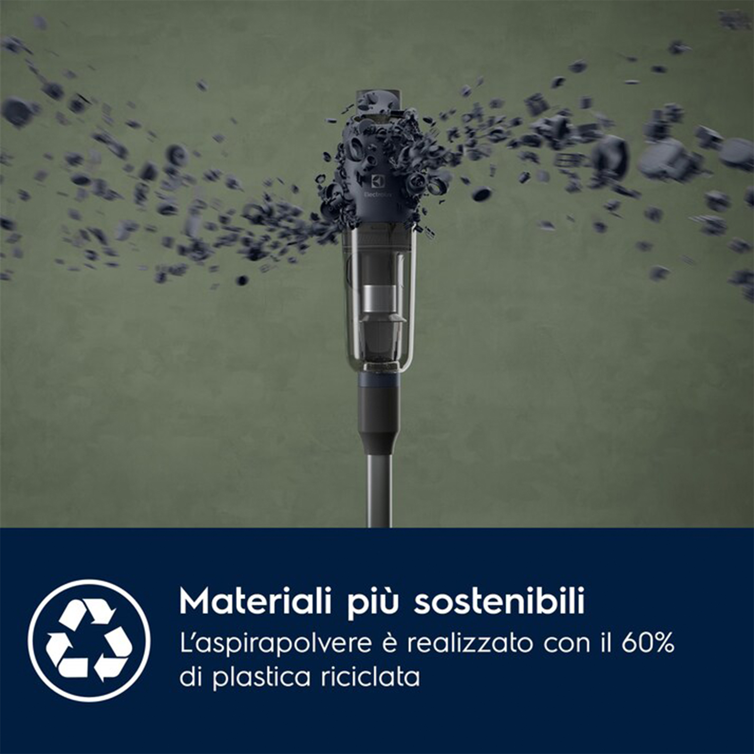 Aspirapolvere con materiali plastici riciclati, logo di riciclaggio.
