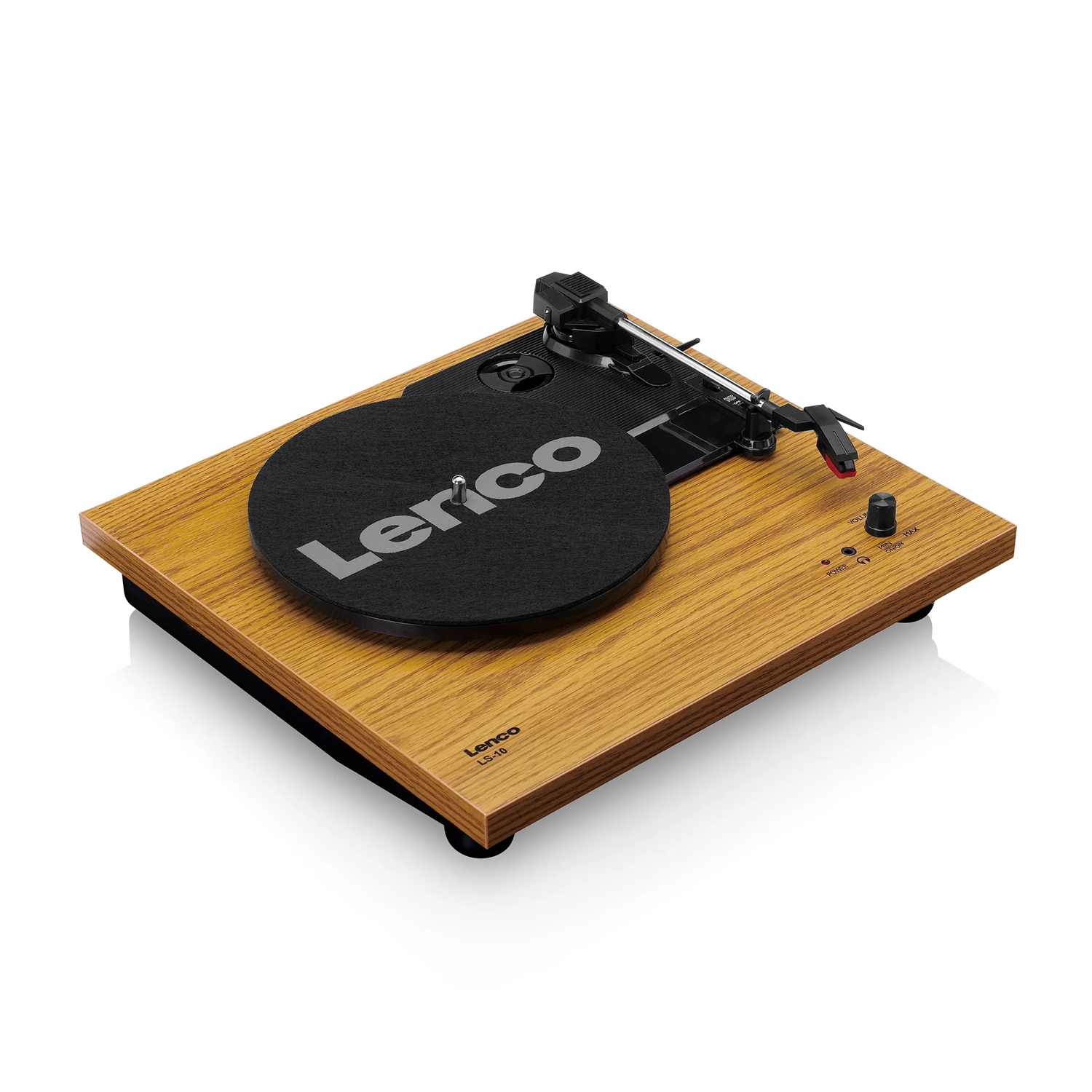 Un giradischi Lenco in legno su sfondo bianco.