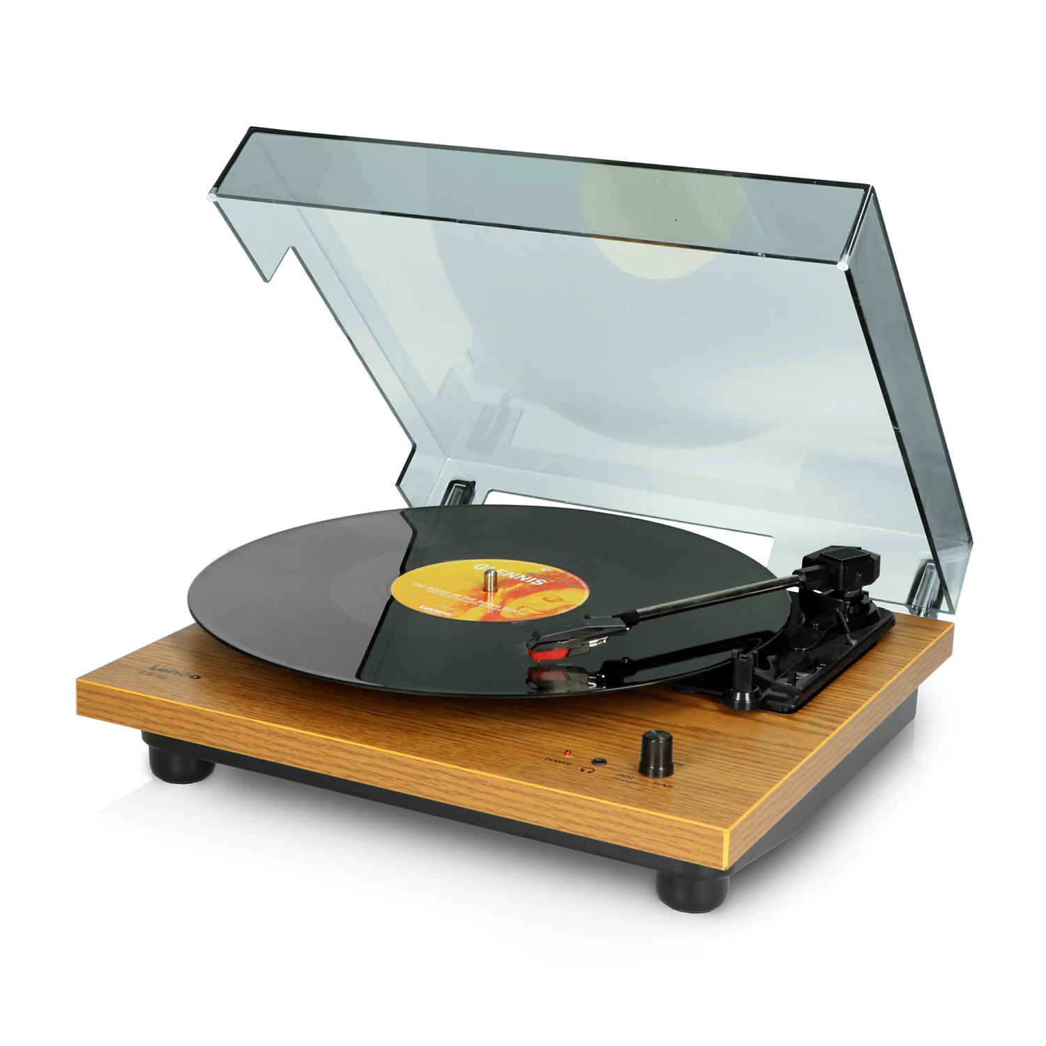 Giradischi con base in legno, coperchio trasparente aperto e disco in vinile nero.