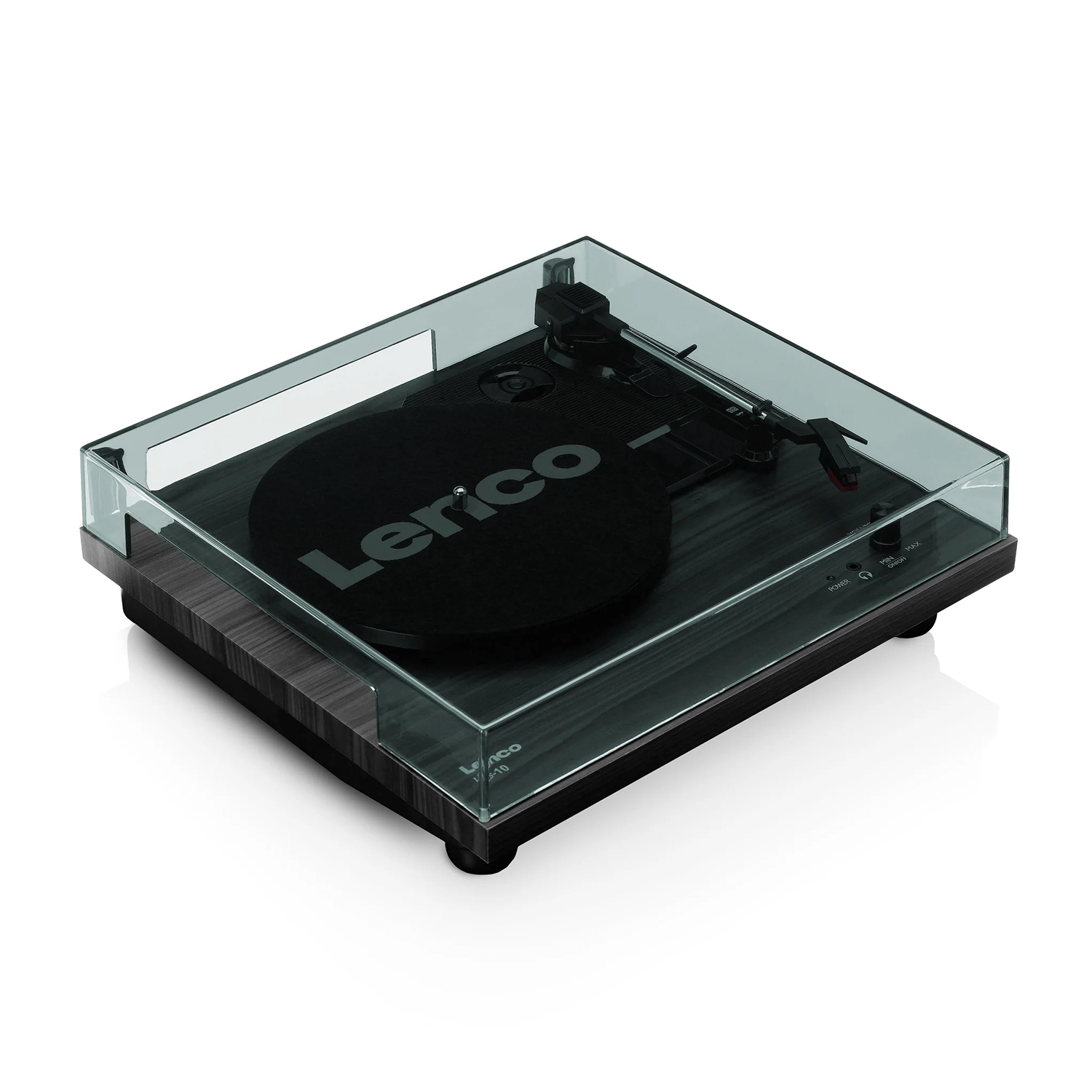 Giradischi Lenco nero. Un coperchio trasparente è chiuso. Il logo Lenco è visibile.