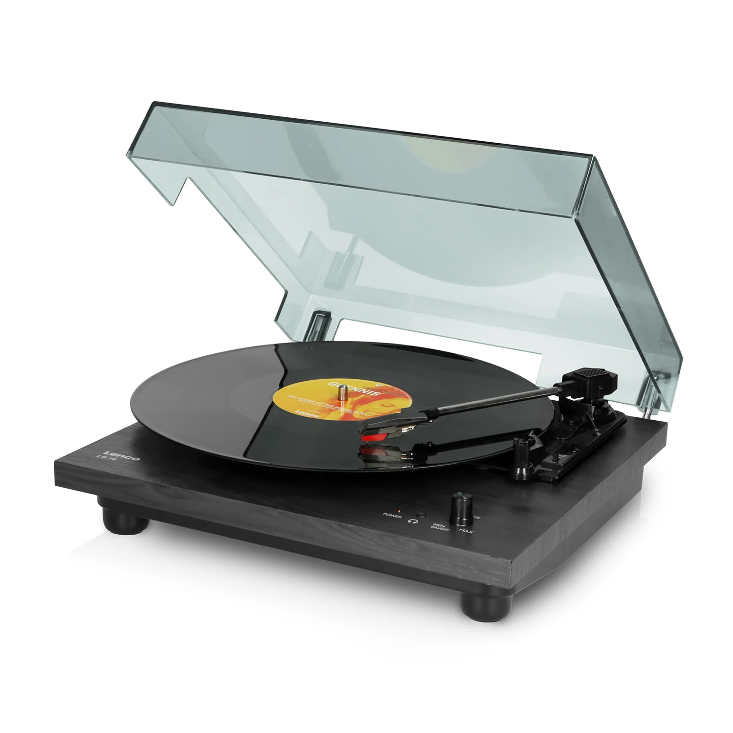 Giradischi Lenco nero con un disco in vinile in riproduzione.
