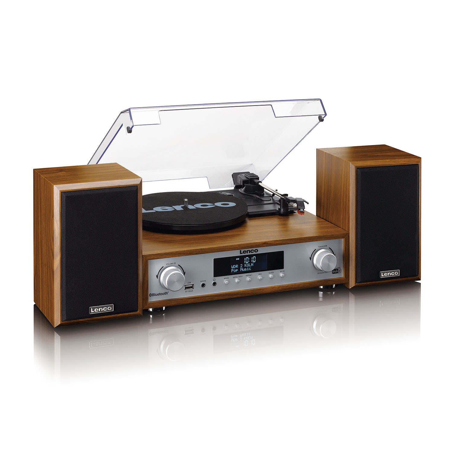 Un sistema stereo in legno con altoparlanti e un giradischi.