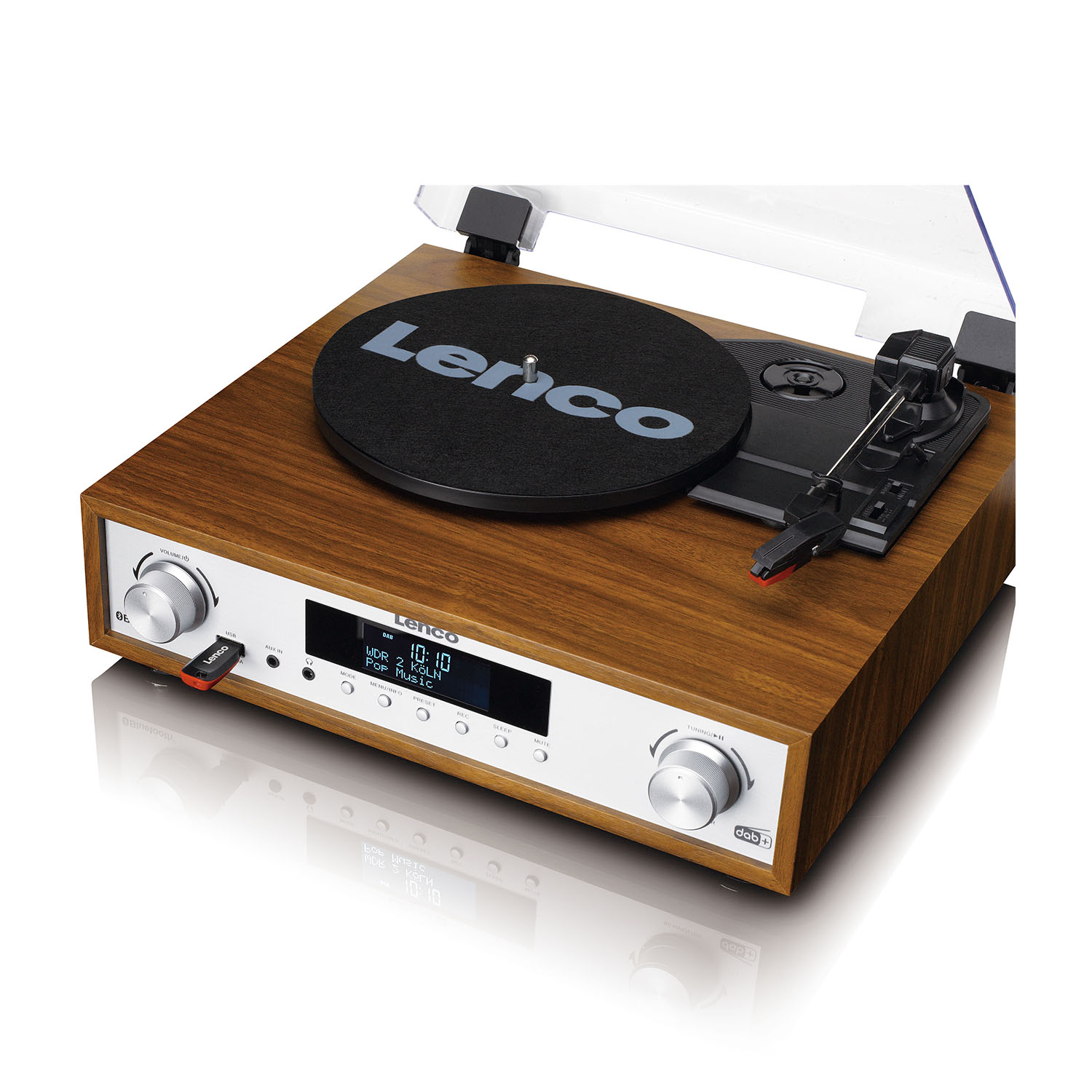 Giradischi in legno con un disco nero. Il display digitale mostra l'ora e la stazione radio.